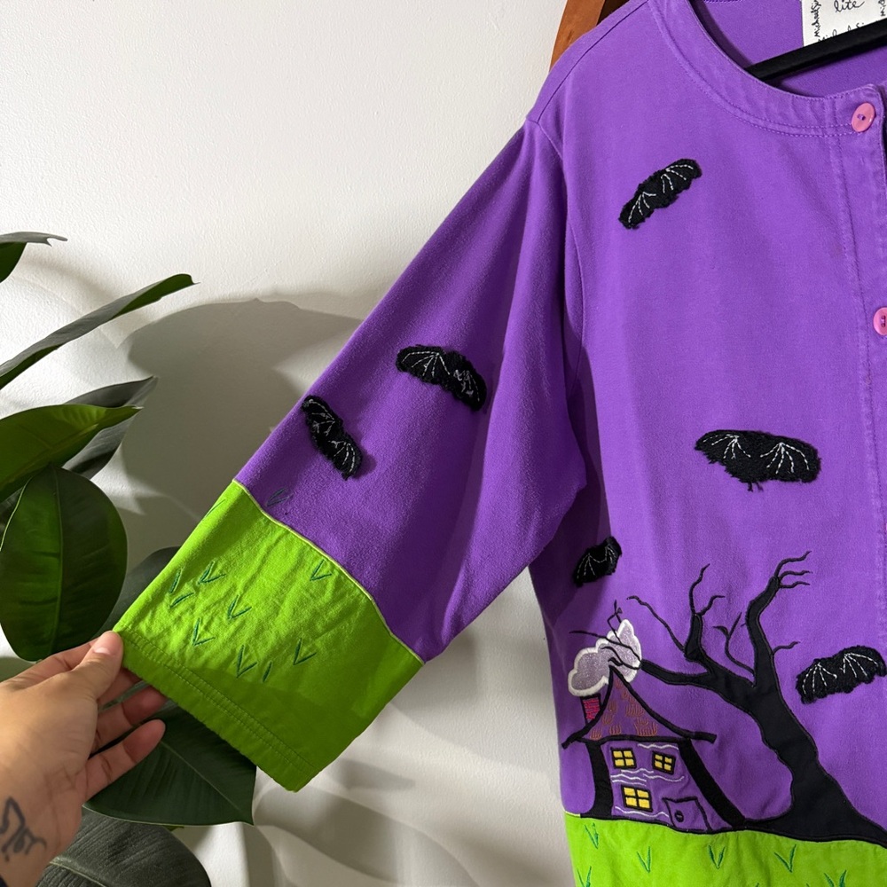 Vintage Michael Simon XL Purple Green Embroidered Halloween Bat Cardigan Sweater - Picture 2 of 9